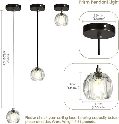 Modern Pendant Light Fixture, Prism Crystal Small Pendant Light for Kitchen Island, Black Crystal Single Pendant Lighting for Dining Room Bedroom