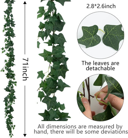 3 Strands Odorless Artificial Ivy Vines Kit, 71" Silk Ivy Garland with Green Leaves, Fake Hanging Plants Greenery Decoration for Bedroom, Windows, Walls, Wedding, Outdoor Decor (Green)