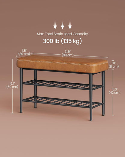 VASAGLE EKHO Collection - Shoe Rack Bench, Storage Bench for Entryway, Synthetic Leather with Stitching, Mid-Century Modern, Loads 300 lb, 11.8 x 31.5 x 19.7 Inches, Caramel Brown ULSB054K01