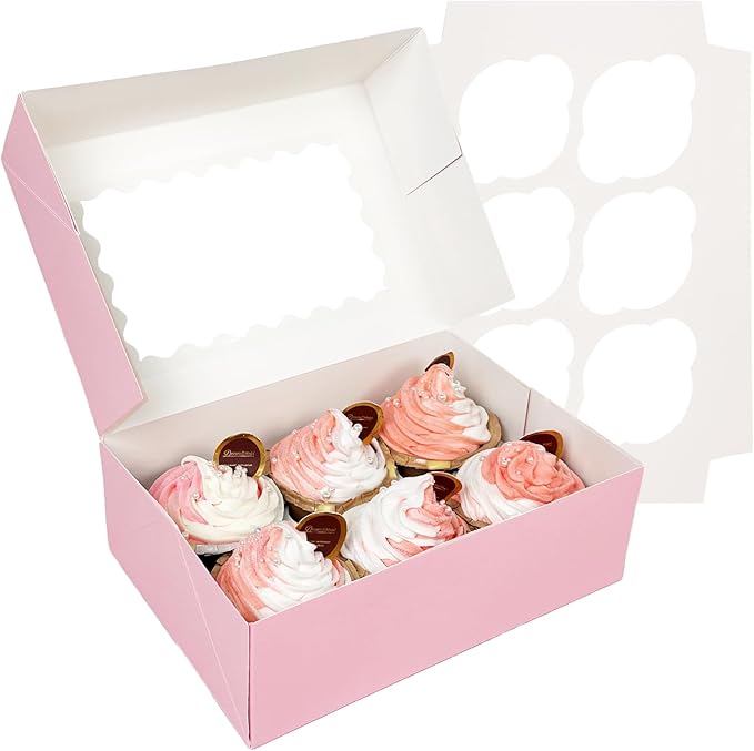 Bakepacker Auto-pop up 6 Cupcake Boxes with Window 20 Count Pink Box 9.4 x 6.1 x 3 inch Cupcake Carrier