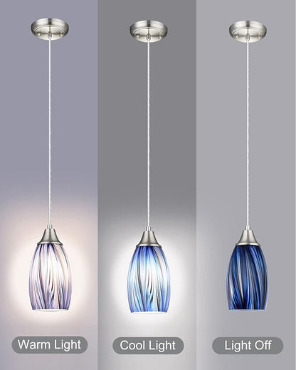 Dark Blue Glass Mini Pendant Lights for Kitchen Island 3Pack Blown Art Glass Pendant Lighting Shade Hanging Pendant Lights with Brushed Nickel Finish for Kitchen Over Sink,Dining Room