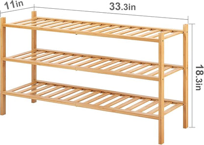 Long Shoe Rack, 3-Tier Bamboo Stackable Shoe Shelf Storage Organizer, Shoe Stand for Closet, Entryway and Hallway