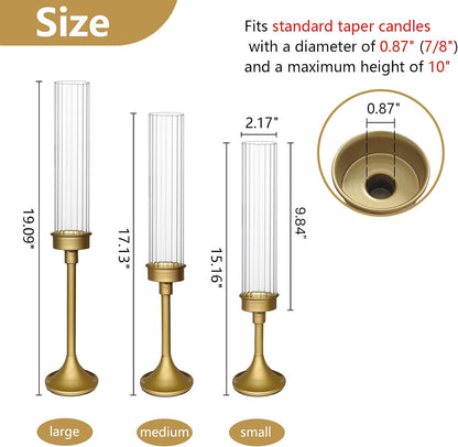 Gold Hurricane Candle Holders - Brass Candlestick Holders Set of 3 Tall Taper Candlesticks Fluted Glass Candle Stick Holder Decor for Wedding Party Christmas Mantel Dining Table Centerpieces
