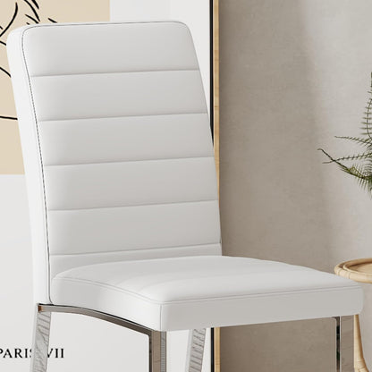 Modern Dining Chairs Set of 4, White Faux Leather Kitchen Chairs, Upholstered Armless Dining Room Chair with Silver Mental Legs Heavy Duty, Comfortable (White Chairs, Set of 4)