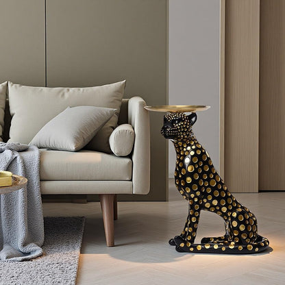 Luxury Panther Side Table with Tray, Fiberglass Resin Floor Sculpture, Decorative Accent Table for Living Room, Entryway, or Office(Black)