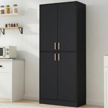 Cozy Castle Kitchen Pantry Cabinet, 71" Tall Wood Storage Cabinet with Doors and Shelves 4 Doors Freestanding Cupboard for Dining Room Living Room Furniture, Black | Wood Storage Cabinet
