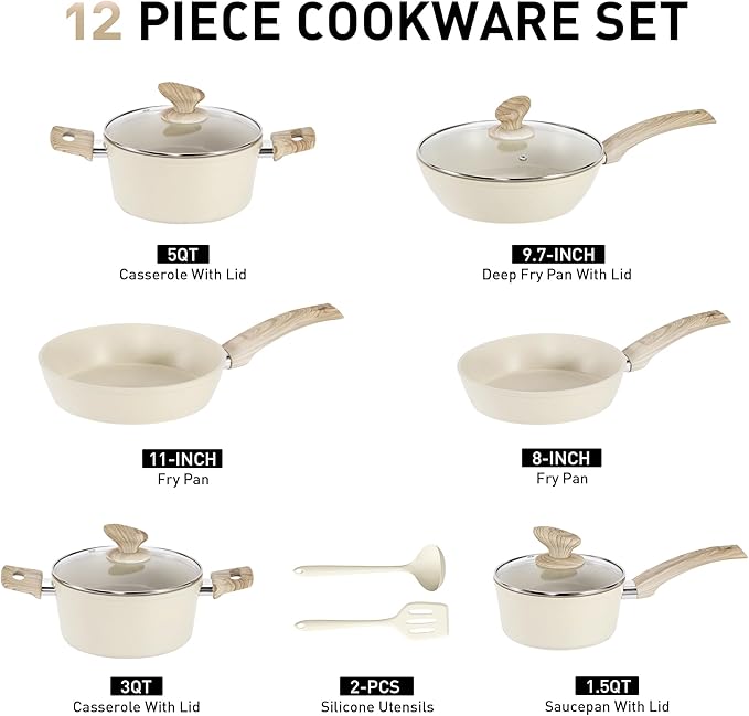 DisDelight Pots and Pans Set Non Stick, Nonstick Induction Granite Kitchen Cookware Sets, Induction Nonstick Granite Cooking Set, Induction Cookware Cooking Pan Set, Pan Sets for Cooking, Cream White