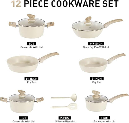 DisDelight Pots and Pans Set Non Stick, Nonstick Induction Granite Kitchen Cookware Sets, Induction Nonstick Granite Cooking Set, Induction Cookware Cooking Pan Set, Pan Sets for Cooking, Cream White