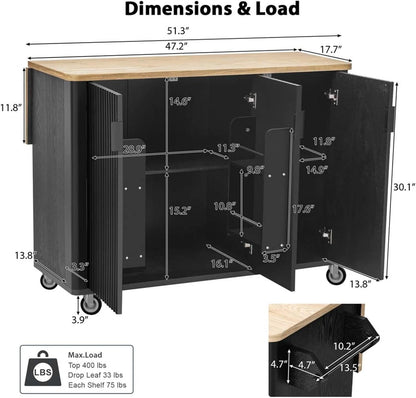 Narrow Kitchen Island with Drop Leaf Countertop with Storage and Dining Table, Island Kitchen with Wheels Towel Rack， for Kitchen, Dining Room, Black