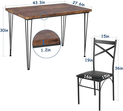 VECELO 5-Piece Dining Table Set for Home Kitchen Small Space Breakfast Nook, 4 Faux Leather Metal Frame Chairs, Retro Brown