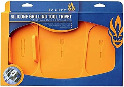 Ignite Grilling Trivet – 100% Non-Slip Silicone BBQ Mat – Reusable Tool Holder for Tongs, Spatula & Basting Brush – Keeps Grill Clean & Organized – Easy to Wash