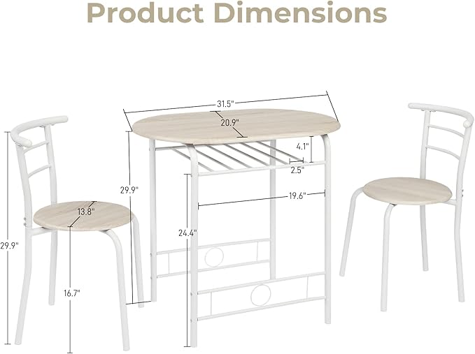 VINGLI 3 Piece Dining Set,Small Kitchen Table Set for 2,Breakfast Table Set,Kitchen Wooden Table and 2 Chairs for Small Space/Dining Room/Apartment,Metal Frame,Wine Rack,White&Light Oak