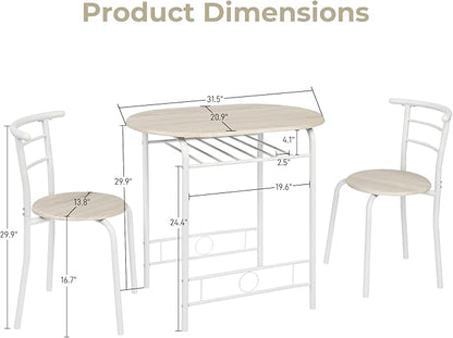 VINGLI 3 Piece Dining Set,Small Kitchen Table Set for 2,Breakfast Table Set,Kitchen Wooden Table and 2 Chairs for Small Space/Dining Room/Apartment,Metal Frame,Wine Rack,White&Light Oak