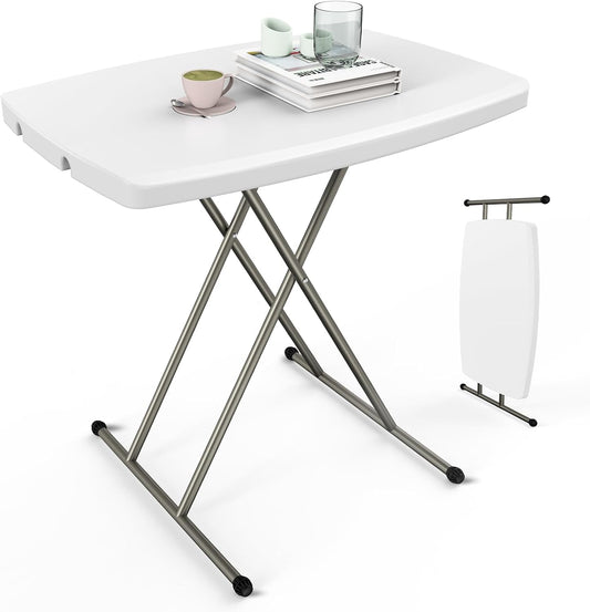 VINGLI Small Adjustable Folding Table, 13.8 in-28 in Height Personal Laptop TV Tray, HDPE Plastic Top with Steel Frame, 30 inch, White