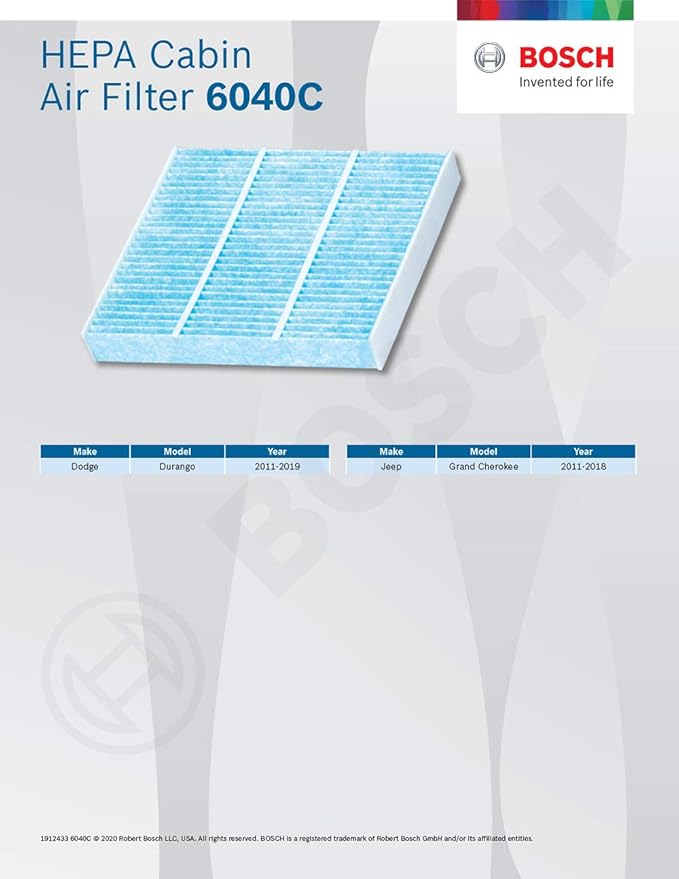 BOSCH 6040C HEPA Cabin Air Filter - Compatible with Select Dodge Durango; Jeep Grand Cherokee, Grand Cherokee WK
