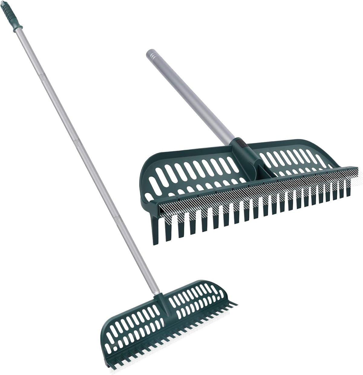 Artificial Turf Rake with 18in Double-Sided Heads, 32-61 Inch Turf Brush Grass Rake for Artificial Grass, Turf Grass Broom for Garden Lawn Artificial Turf Leaves Pet Hairs