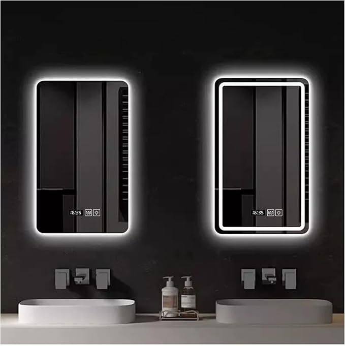 Bathroom Mirror with LED Lights, Backlit Illuminated Bathroom Mirror Wall Mounted Multifunction Vanity Mirror with 3 LED Light Color Dimmable and Demister Pad,(A,H60*W80CM/H23.6*W31.4IN)