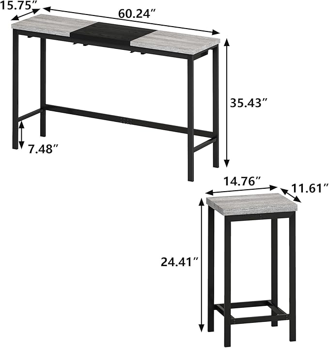 Harper & Bright Designs 4-Piece Dining Table Set, 60.2" L Wood Dining Table with 3 Stools and Metal Frame for Kitchen Dining Room, Convenient Hanging Stool Design, Grey+Black