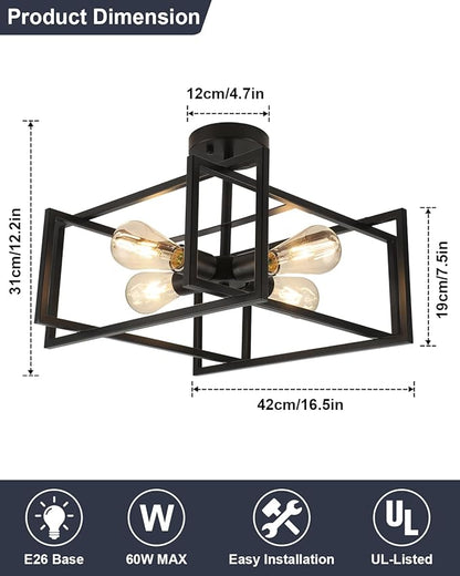 WILON Black Ceiling Light Fixture, 4-Light Farmhouse Light Fixtures Ceiling Mount, Modern Square Semi Flush Chandelier Ceiling Lamp for Kitchen Dining Room Bedroom Laundry Room Living Room