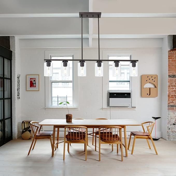 6-Light Kitchen Island Lighting Fixtures, Clear Glass Farmhouse Pendant Lights Hanging Chandelier in Oil Rubbed Bronze for Dining Room Table Cafe Bar