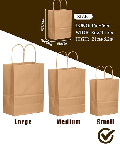 qiqee 50-Packs Brown Paper Gift Bags with Handles Bulk 8.3"x3"x 6" Small Size Paper Bags Multiple Uses(Small Size)
