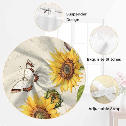 Farm Sunflowers Kitchen Curtains 36 Inch Length, Small Window Curtains Tab Top, Retro Flowers Butterfly Botanical Beige Light Filtering Short Window Treatments Tier Drapes 27.5"x36" 2 Panel