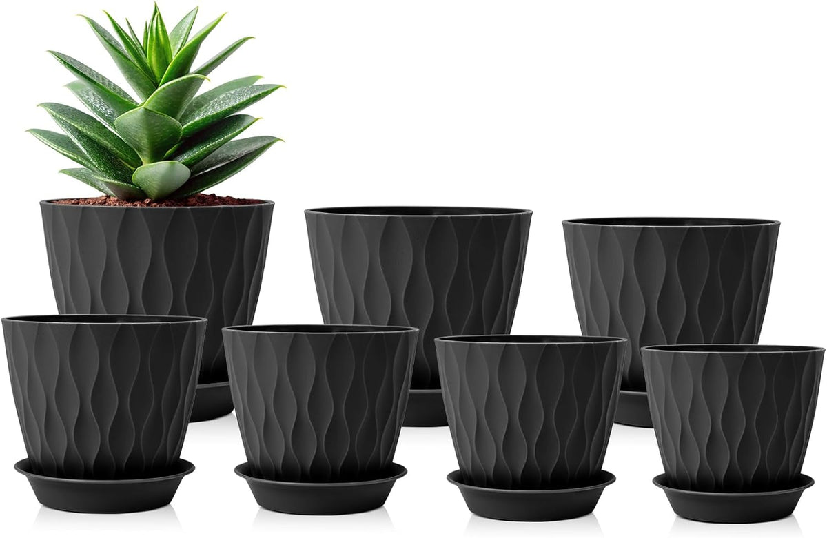 GARDIFE 7/6.5/6/5.5/5/4.5/4 inch Plant Pots, 7 Pack Flower Pots Indoor Outdoor, Planters with Drainage Holes and Tray Saucers (Black)