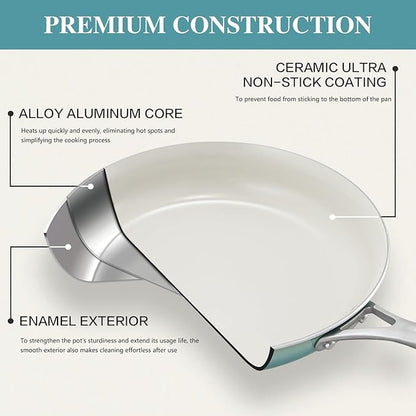 Kitchen Pots and Pans Set Non Stick, 11 Pcs Ceramic Cookware Set with Stay-Cool Handle, Pot and Pan Set NonToxic PFOA/PFAS Free, Dishwasher/Oven Safe, Evenly Heats, Enamel Exterior - Teal