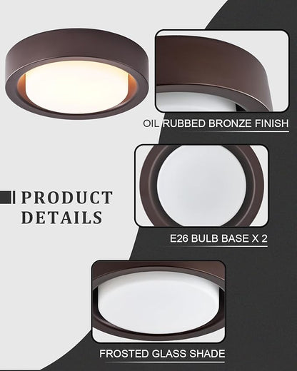 13 Inch Flush Mount Ceiling Light,Oil Rubbed Bronze Finish Plate with Frosted Glass Shade,Round Ceiling Lighting Fixture for Hallway Bedroom Closet Livingroom Kitchen Stairwell (Oil Rubbed Bronze)