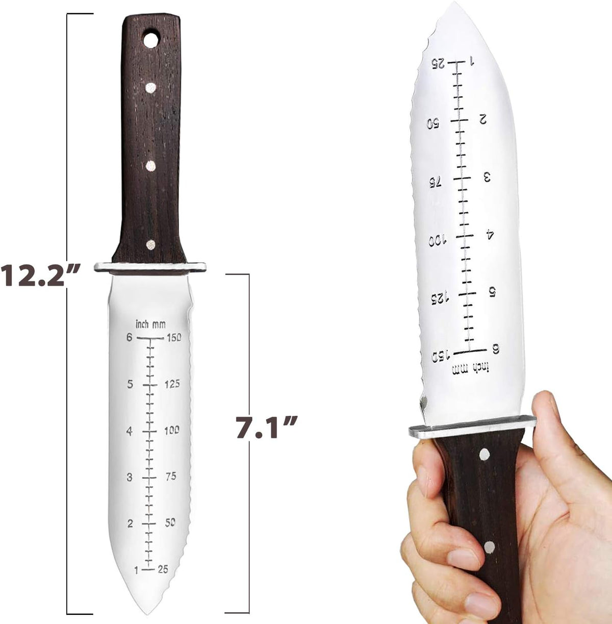 gonicc Professional Hori Hori Garden Knife with Leather Sheath, Protective Handguard, High polished 440 Stainless Steel Blade, Sharpening Stone Included, for Weeding, Digging, Pruning, and Cultivating