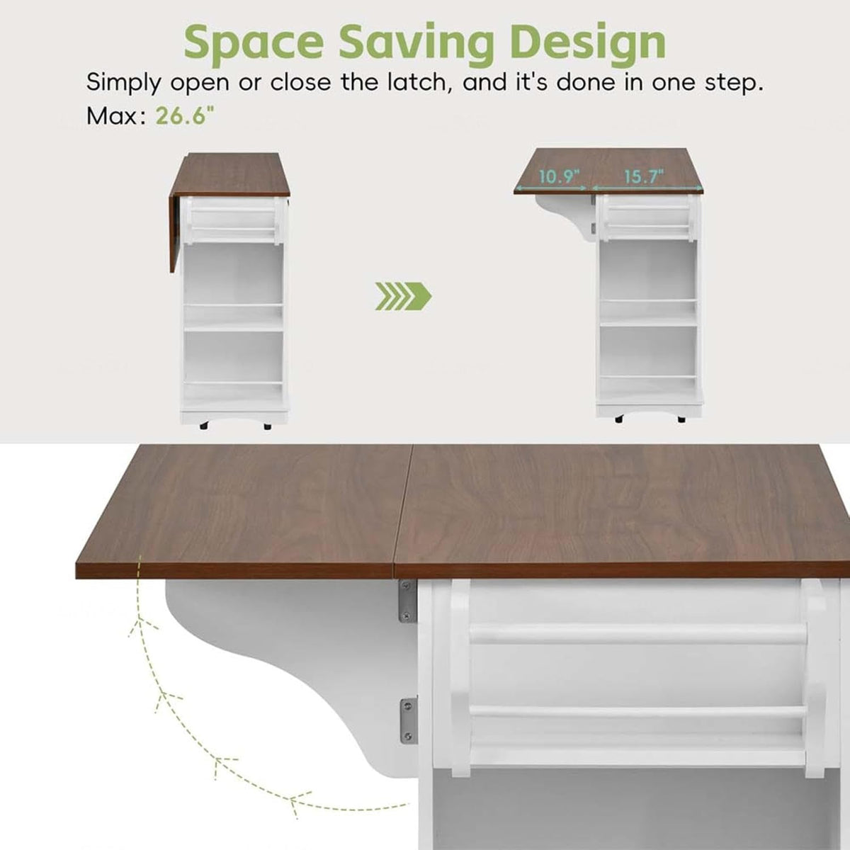 Kitchen Table with Storage with Internal Storage Rack, Power Outlet and Open Shelves, Moveable Kitchen Island with Spice Rack, for Kitchen, Dining