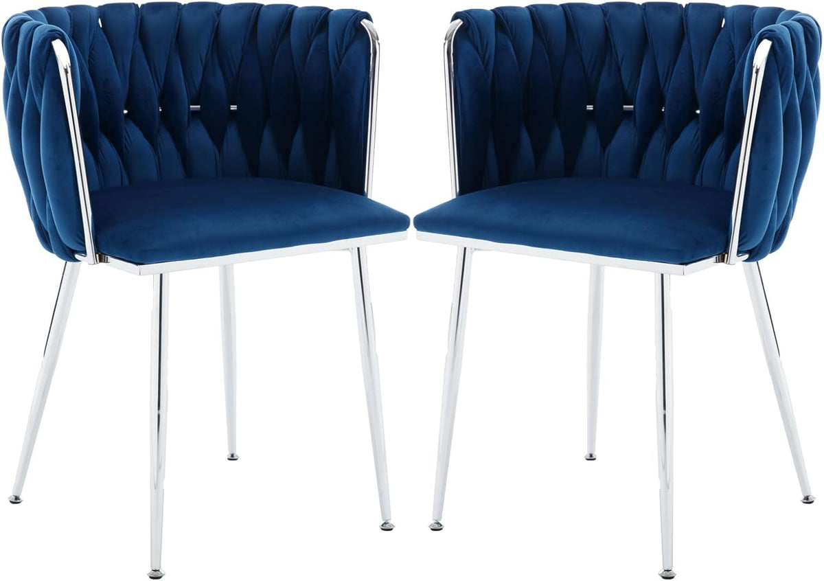 Velvet Dining Chairs Velvet Woven Upholstered Dining Room Chair Modern Armrest Lounge Chair with Metal Legs for Dining Kitchen Vanity Chair for Makeup Room (Navy+Sliver Leg, Set of 2)