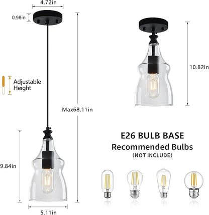 Modern Glass Pendant Lights Kitchen Island Black Pendant Light with 5.11 in Clear Glass Shade Kitchen Pendant Lighting Over Island Bedroom Dining Room (1 Pack)