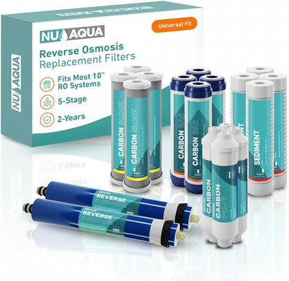 NU Aqua Reverse Osmosis Water Filter System Replacement Set - 5 Stage 2 Year Under Sink Kit - Includes Membrane, Sediment, Carbon Filters, Parts & Fittings - Universal RO Filtration Cartridge Pack