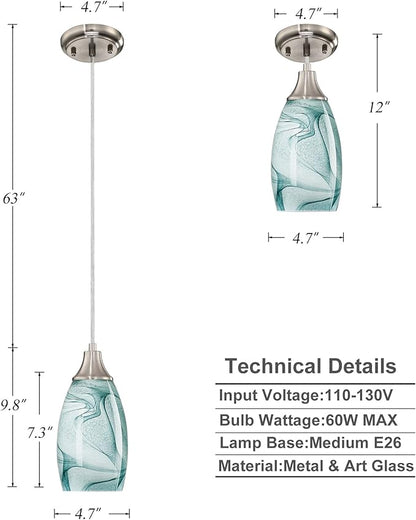 Mini Pendant Lights Kitchen Island Light Brown Glass Lamp Shade Hand Blown Glass Pendant Light with Brush Nickel Finish Adjustable Cord for Kitchen Over Sink (Green Marble-1Packs)