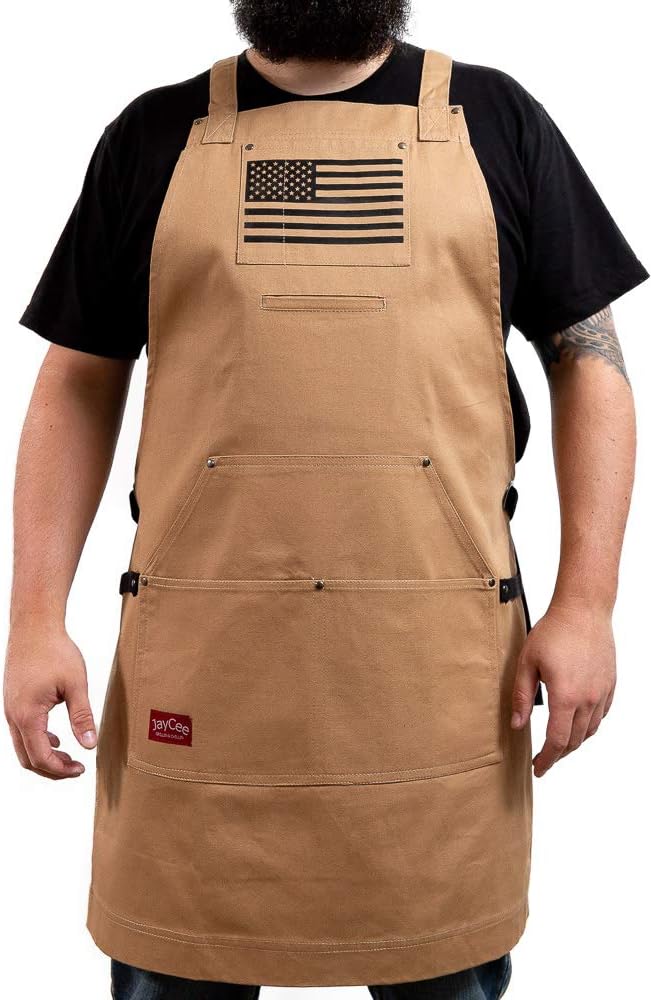 JayCee Apron for BBQ, Grill, Chef, Hobby and Workshop, 5 Pockets, Cross-Back, 2 Tool/Towel Loops, 10 oz Cotton, Great Gift
