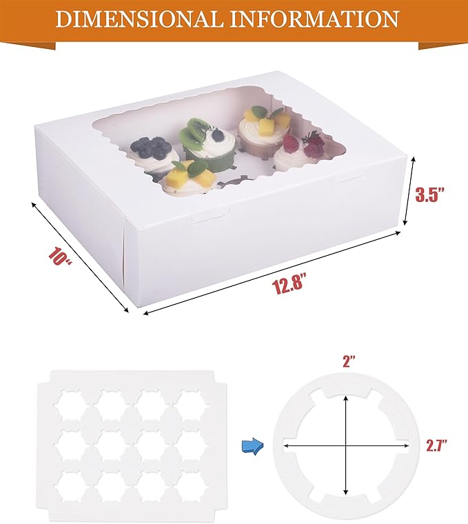 15-Set Cupcake Boxes Hold 12 Standard Cupcakes, Food Grade Cupcake Holders Bakery Carrier Boxes with Windows and Inserts for Cupcakes, Muffins and Pastries (White-15 Pack)