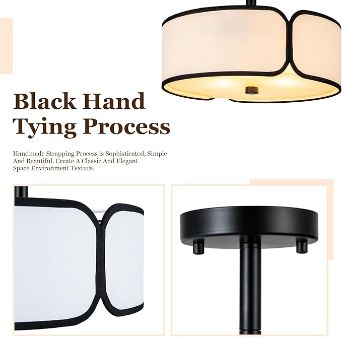 12.6" Semi Flush Mount Ceiling Light - 3 Light Drum Light Fixture with Black Border Fabric Shade, Modern Close to Ceiling Light for Dining Room Bedroom Kitchen Hallway Entryway, 2 Pack