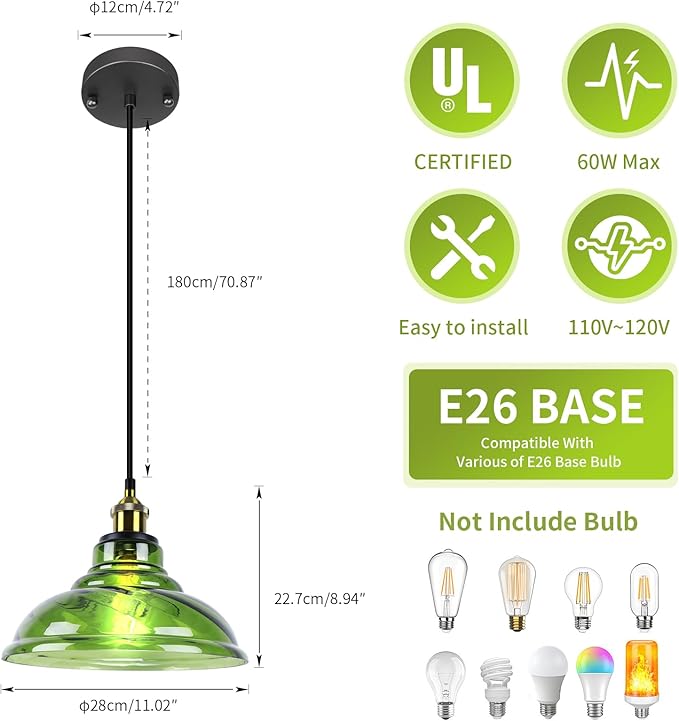Vintage Pendant Light, Mid Century Modern Pendant Light with Hand Blown Green Glass Shade,Gold 1-Light Farmhouse Chandelier Ceiling Hanging Light fixtures for Dining Room Bedroom