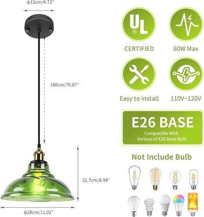 Vintage Pendant Light, Mid Century Modern Pendant Light with Hand Blown Green Glass Shade,Gold 1-Light Farmhouse Chandelier Ceiling Hanging Light fixtures for Dining Room Bedroom