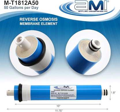 APPLIED MEMBRANES INC. 50 GPD Reverse Osmosis Membrane | RO Membrane Water Filter Replacement for Reverse Osmosis Water Filtration System | 1.8” x 12” Universal Compatibility | Made in USA