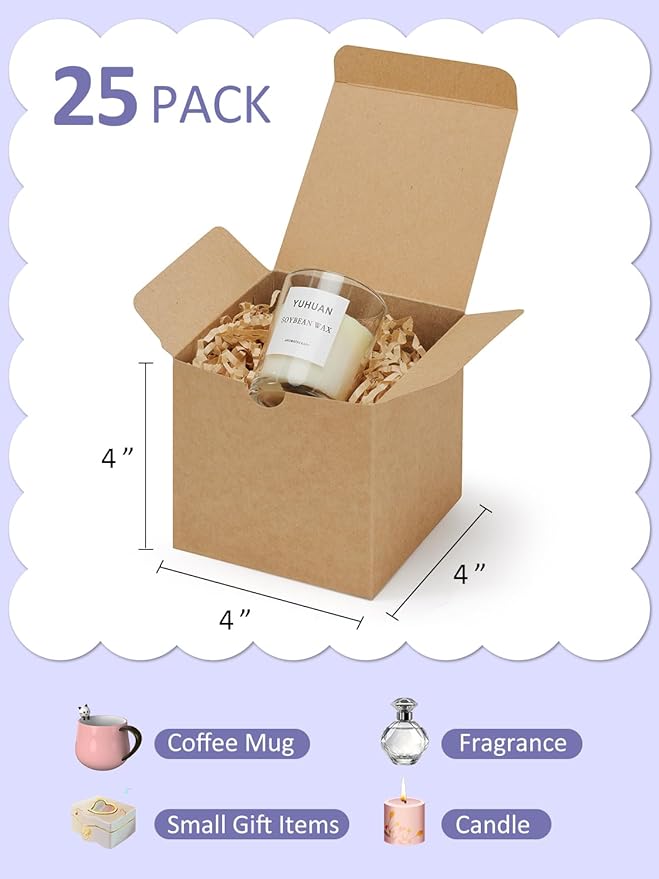Eupako Gift Boxes 4x4x4 25 Pack Brown Kraft Paper Box with Lids Party Favor Boxes for Bridesmaids Proposal, Crafting, Cupcake, Wedding, Christmas
