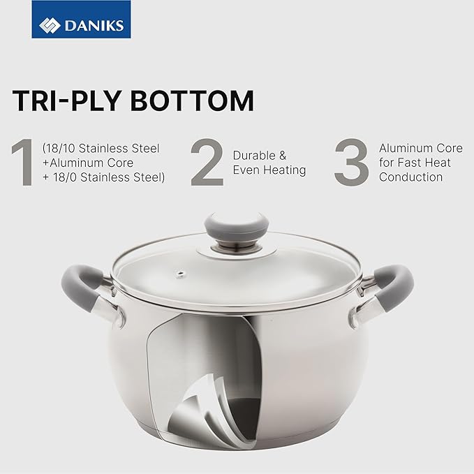 Daniks Modern Stainless Steel Stock Pot with Glass Lid – Induction 4 Quart, Dishwasher Safe, Heatproof Handles, For Soup, Pasta, Stew, Silver