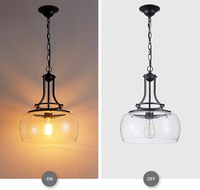 WUZUPS Chandelier Rustic Farmhouse Industrial Round Ceiling Pendant LED Light Fixture with Clear Glass Shades for Dining Room Kitchen Island Foyer Entryway, H 17" x W 13.4", E26 Base, Black