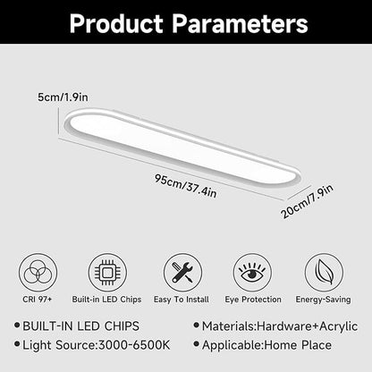 37.4" Dimmable Metal LED Ceiling Light,Slim, Edge Lit - 55W Full Spectrum Linear Ceiling Lamps,3000-6500K Modern Ultra Thin Low Profile Light Fixture for Kitchen, Bedroom & Hallway (White)