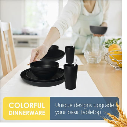 Teivio 88-Piece Kitchen Plastic Wheat Straw Dinnerware Set, Service for 8, Dinner Plates, Plates and Bowls Sets,Pasta Bowls,Cups, Flatware, Dishwasher Safe, Unbreakable Outdoor Camping Dishes, Black