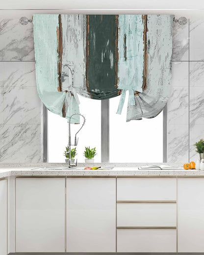 Tie Up Curtains for Windows, Blue Teal Adjustable Balloon Nature Linen Textured Kitchen Curtain, Vintage Wooden Retro Art Farmhouse Barns Thermal Insulated Curtains for Window, 42" x 54"