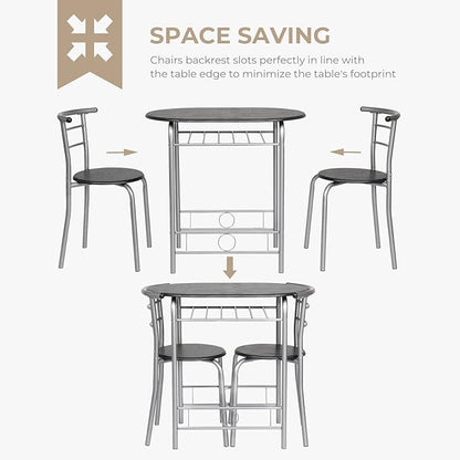 VINGLI 3 Piece Dining Set,Small Kitchen Table Set for 2,Breakfast Table Set,Kitchen Wooden Table and 2 Chairs for Small Space/Dining Room/Apartment,Metal Frame,Wine Rack,Sliver&Black