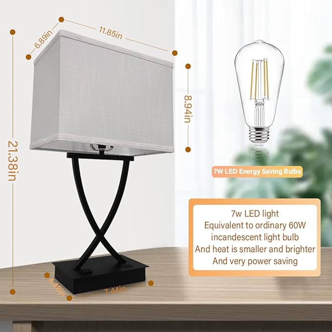 3-Way Dimmable Touch Control Medium Table Lamp with Type C/USB Charging Port and 1 AC Outlet White Shade 21.38" Bedside Nightstand Lamp for Bedroom Living Room Office and Hotel Bulb Included