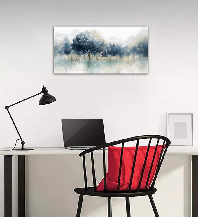 Foggy Forest Canvas Wall Art - Indigo Blue Abstract Trees Pictures for Wall Decor Nature Canvas Painting Modern Printing Artwork for Living Room Bedroom Home Office Wall Decoration 20" x 40"